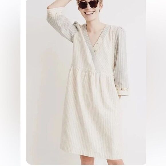 MADEWELL V-Neck Mini Dress Size Medium Beige Striped 100% Cotton Natural Pockets - Picture 1 of 12